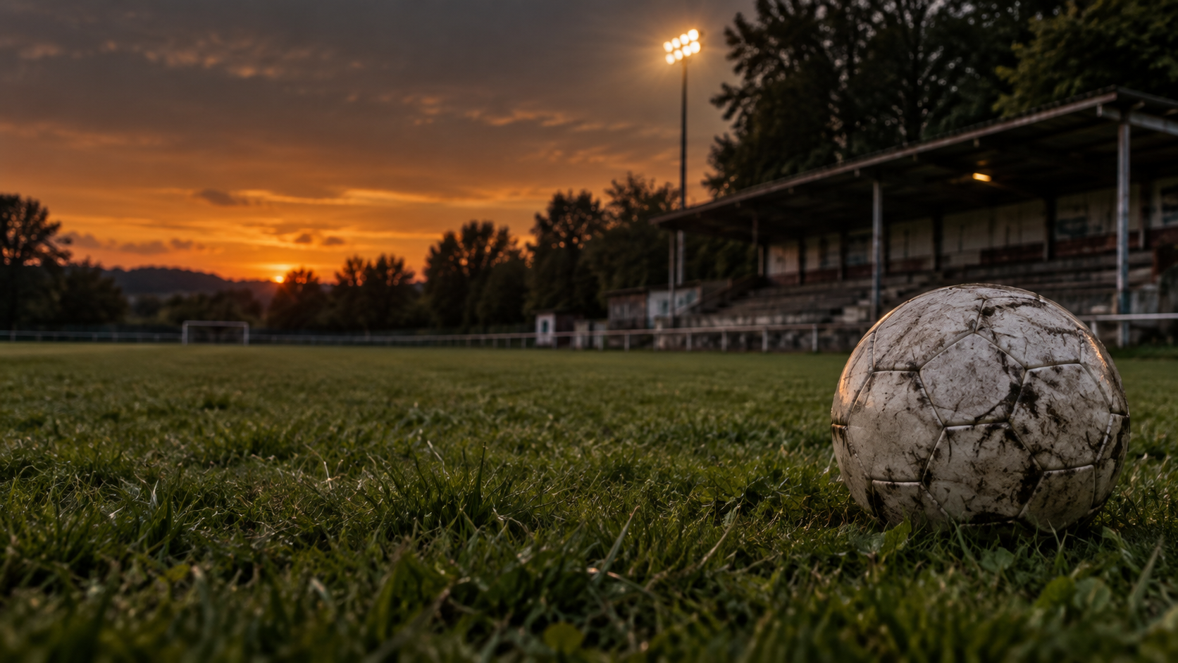 Illustrative Amateurfußball-Szene im Abendlicht